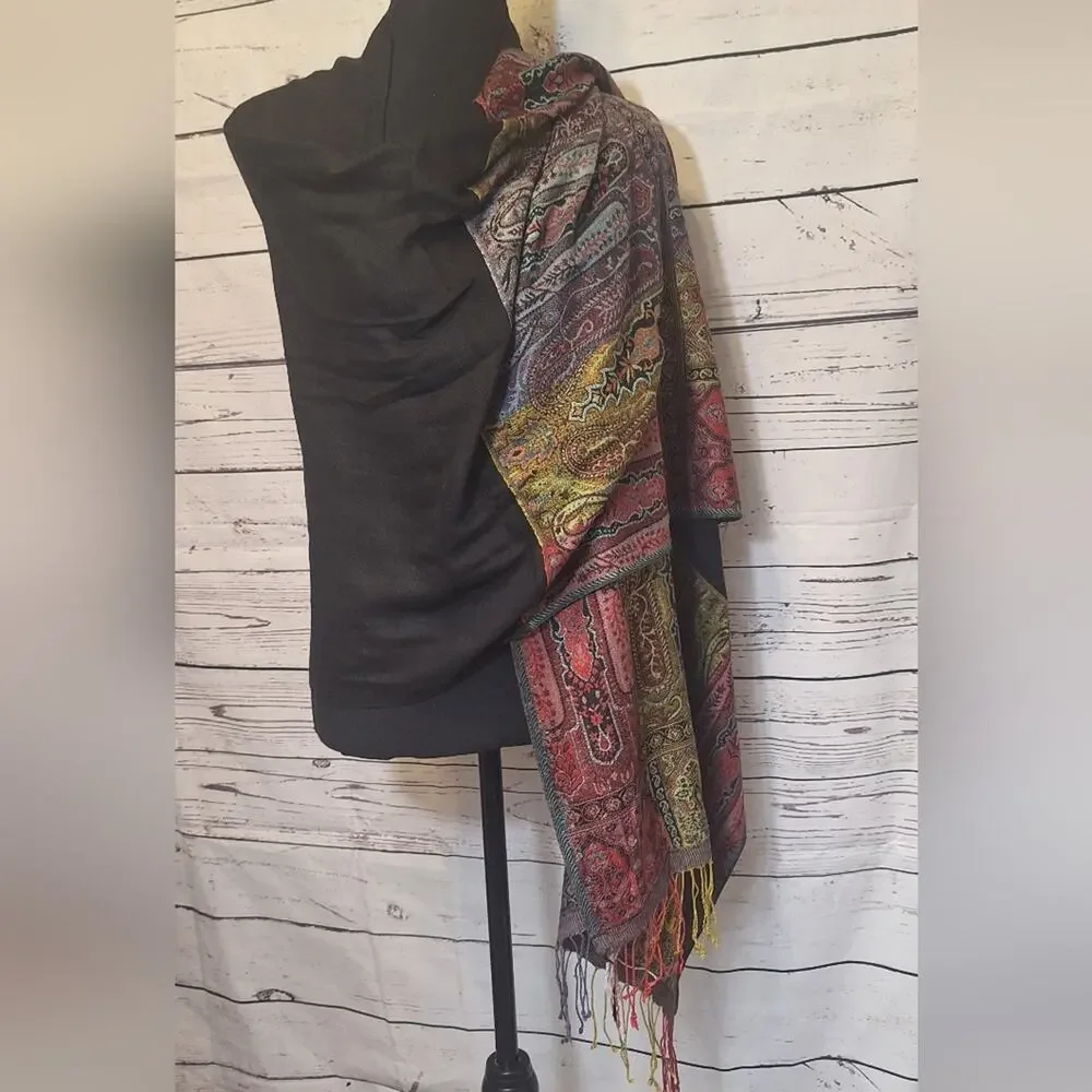 Cost Plus World Market Black & Paisley Fringe Rayon Wrap Scarf Shawl  #1324
